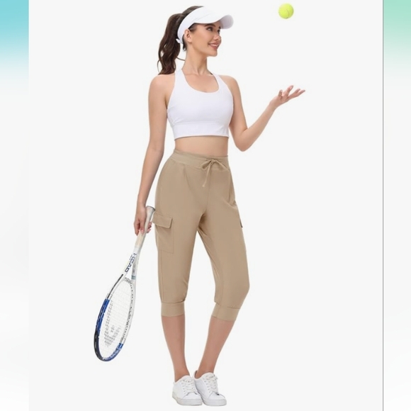 Pants - Capri Cargo Joggers Cropped Golf/Leisure‎ Athletic Pants Khaki Sz L